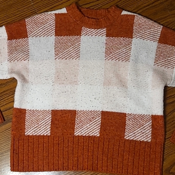 Burnt Orange Plaid Checkerboard Crewneck Sweater - Soft, Cozy, Fall - Picture 3 of 7